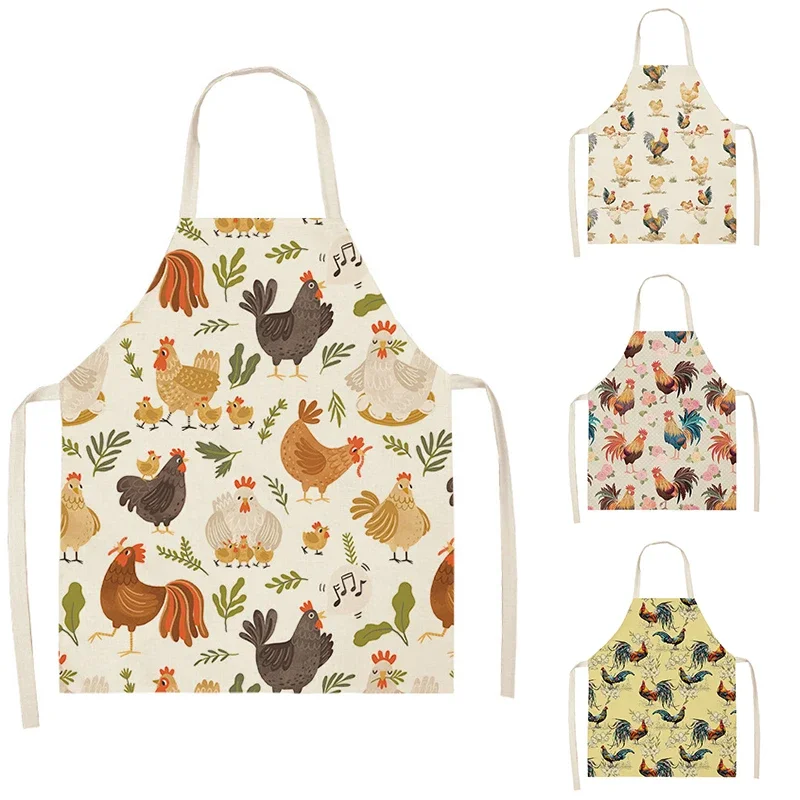 1pc Rooster Hen Printed Linen Apron Dinner Bib Kitchen Cooking Baking BBQ Stain Resistant Apron Home Cleaning Accessories