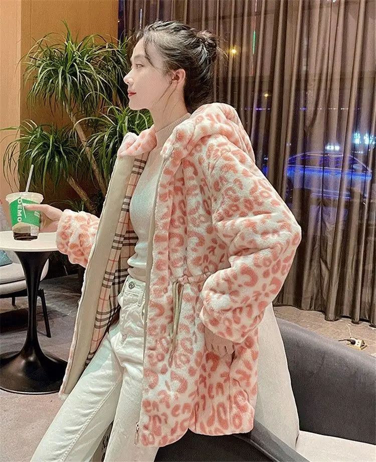 Faux Fur Woolen Warm Winter Women Jacket Plus Size Fuzzy Cute Jackets Leopard Print Hood Collar Coat Overcoat Oversized Girls