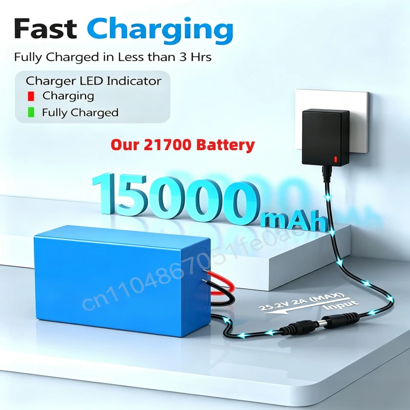 25.2V 15Ah Li-ion Battery Pack with 2A Fast Charger and Cable for  RC Car LED Strip Light CCTV Camera High Capacity Rechargeable