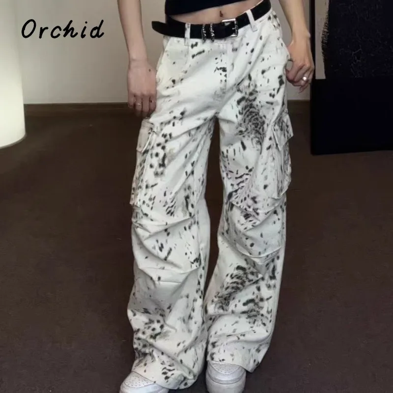 2024 Summer Women\'s Casual Harajuku Jeans Vintage Aesthetic Loose Washed Cargo Pants Y2K Wide Leg Punk Baggy Denim Trouser