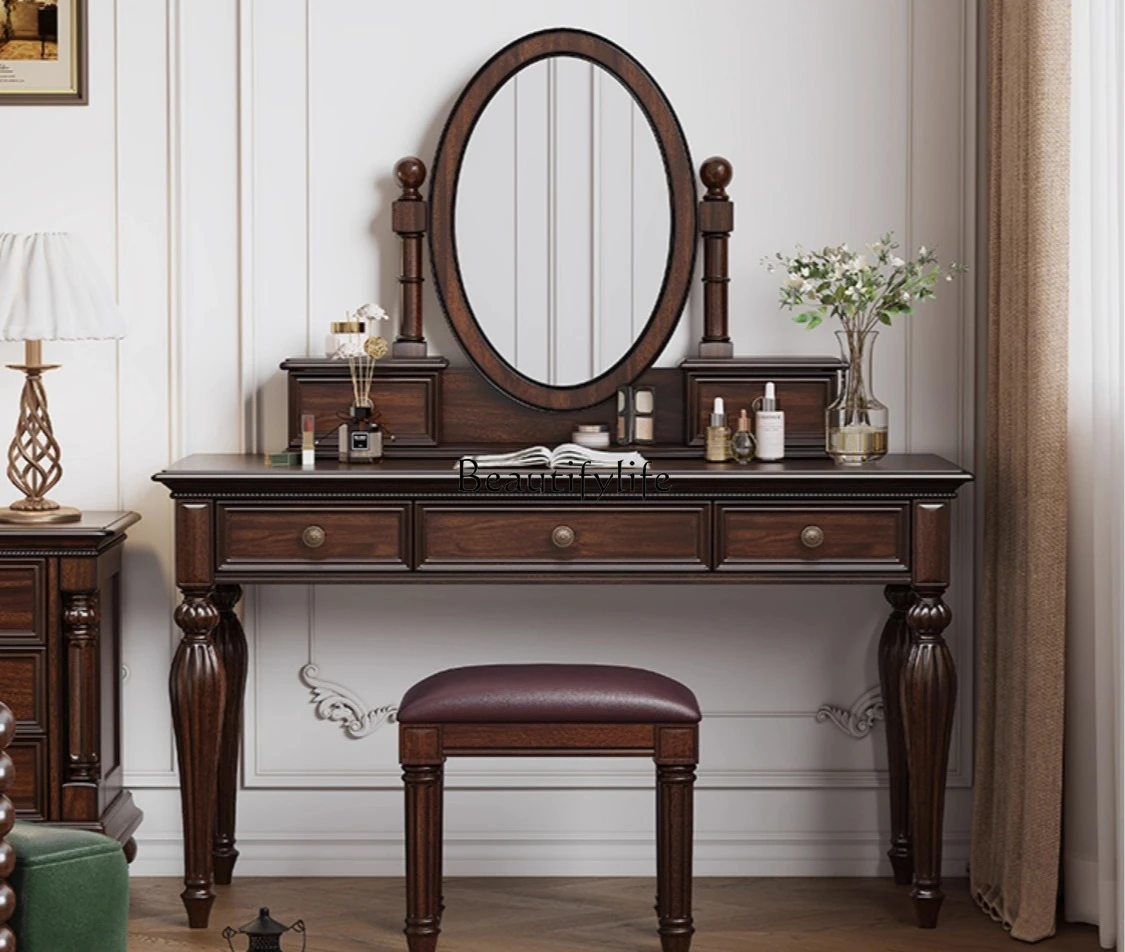 

American Style Dressing Table All Solid Wood Makeup Table with Mirror Black Walnut