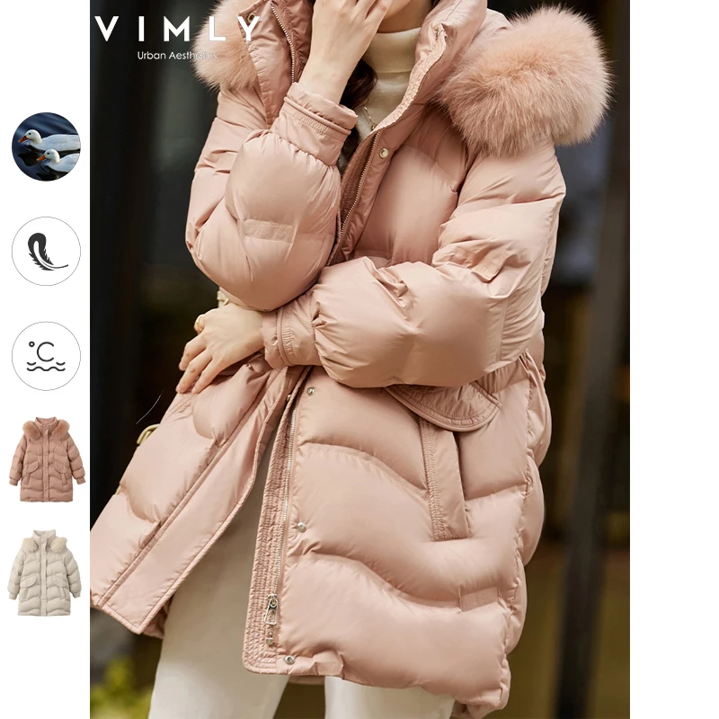 Vimly Long Puffer Down Jacket for Women Warm Winter Coat 2023 Korean Fashion Thickened Hooded Luxury Fur Collar Loose Outwear