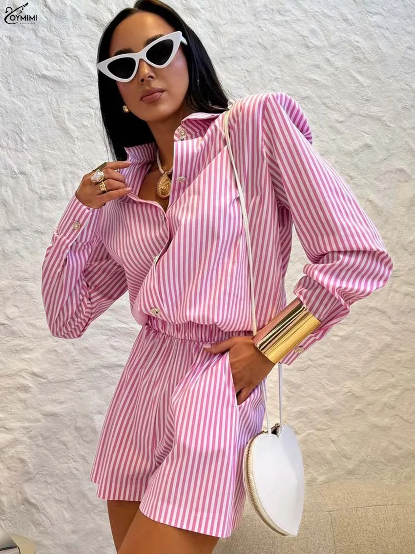 Oymimi Fashion Pink Print Sets Woman 2 Piece Elegant Long Sleeve Single Breasted Shirts And High Waisted Pockets Shorts Sets
