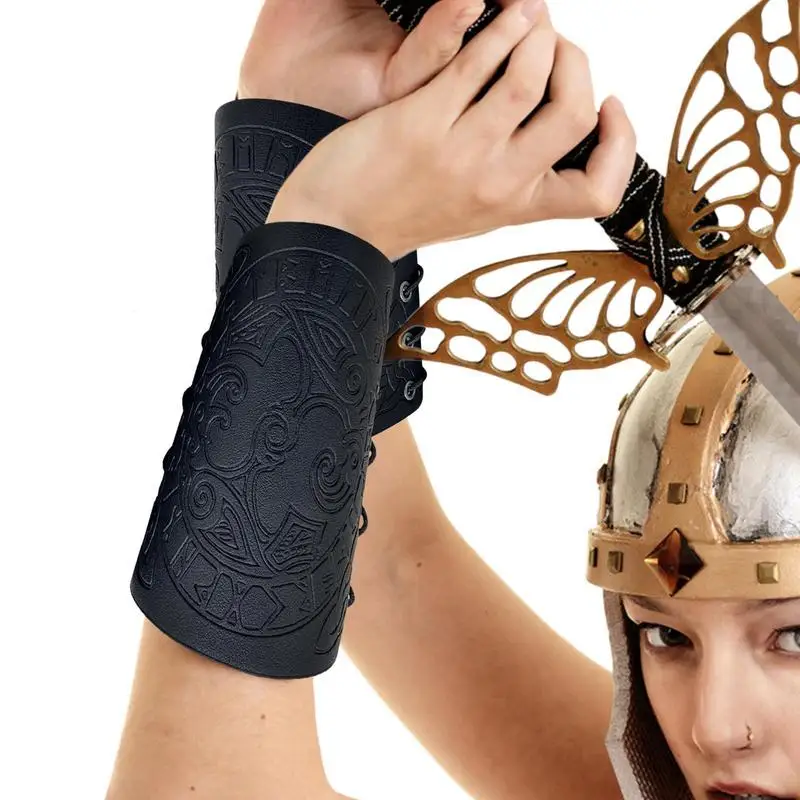 Leather Armor Guards Nordic Medieval PU Bracers With Adjustable Straps Arm Protection Bracers Viking Costume Props For Adults