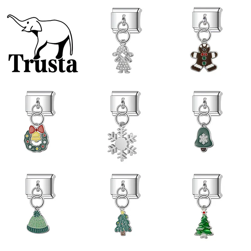 Trusta 2025 Christmas tree hat snowflake Charm Italian Links 9mm Bracelet Stainless Steel for Women DIY Jewelry Wholesale N486