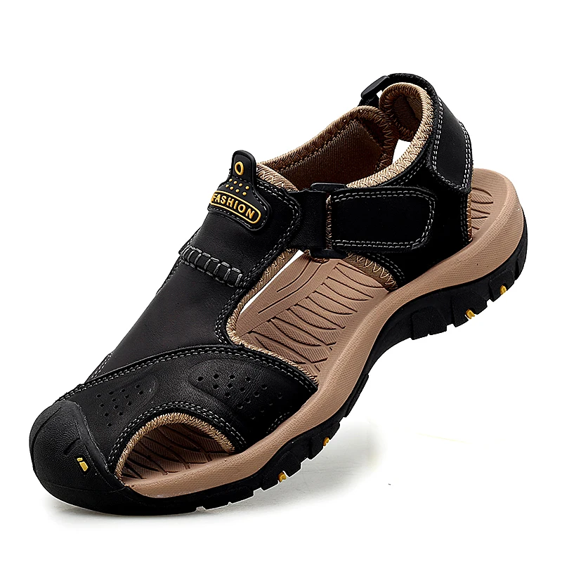 COW LEATHER Men\'s Sandals Outdoor Beach Climbing Shoes Genuine Leather Sports Sandals Light Baotou Sandals Plus Size 38-48