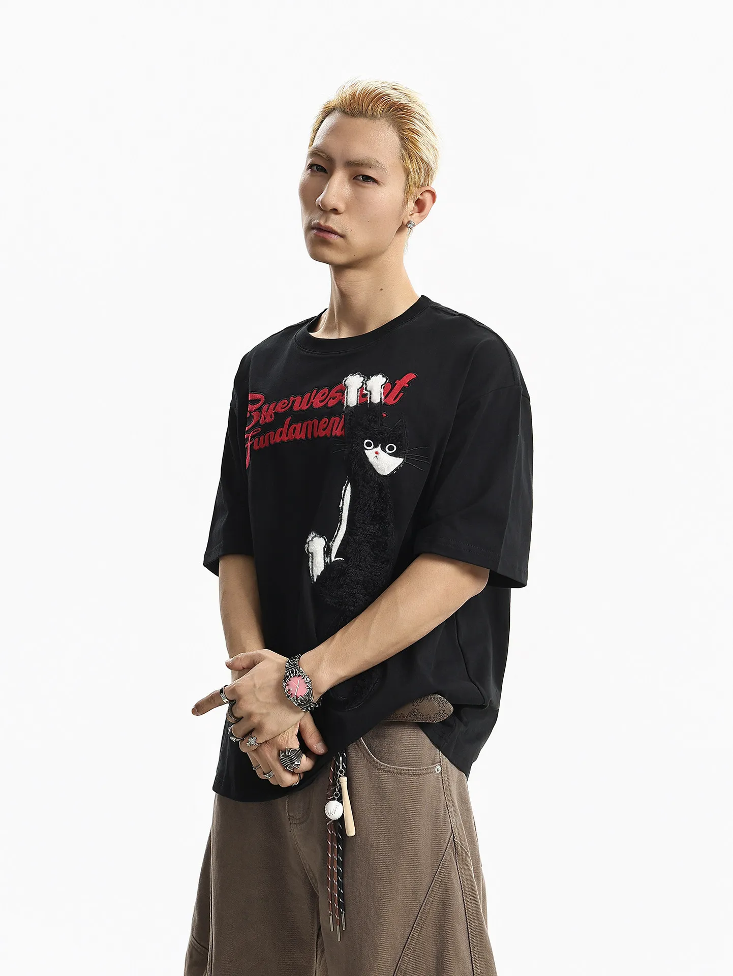 Summer New American High Street Style Men's Cat Patch Embroidery Loose Fit Casual Round Neck Short Sleeve T-shirt