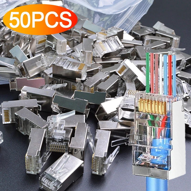 10/50PCS Pass Through RJ45 Cat7/Cat6/Cat5e Shielded Connectors Gold-Plated Crystal End 8P8C Crimp UTP Ethernet Modular Plugs