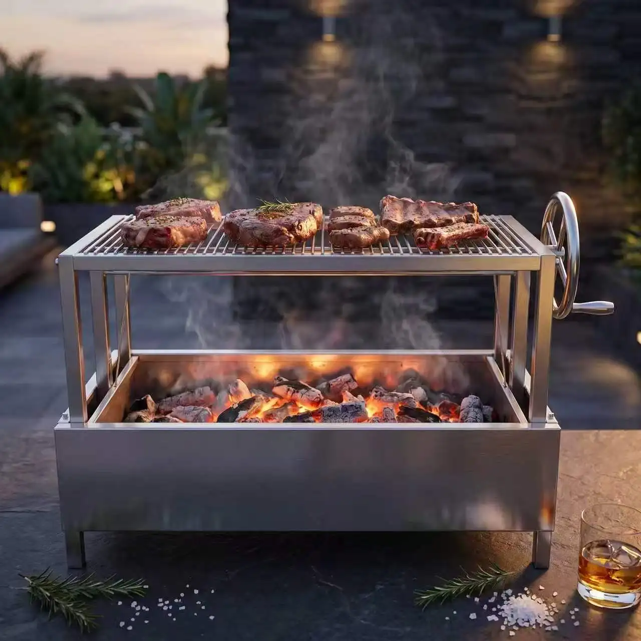 Stainless Steel BBQ Grill, Manual Lifting, Dual Cooking Surfaces, Roller Handle, Height Adjustable, Outdoor Camping Grilling