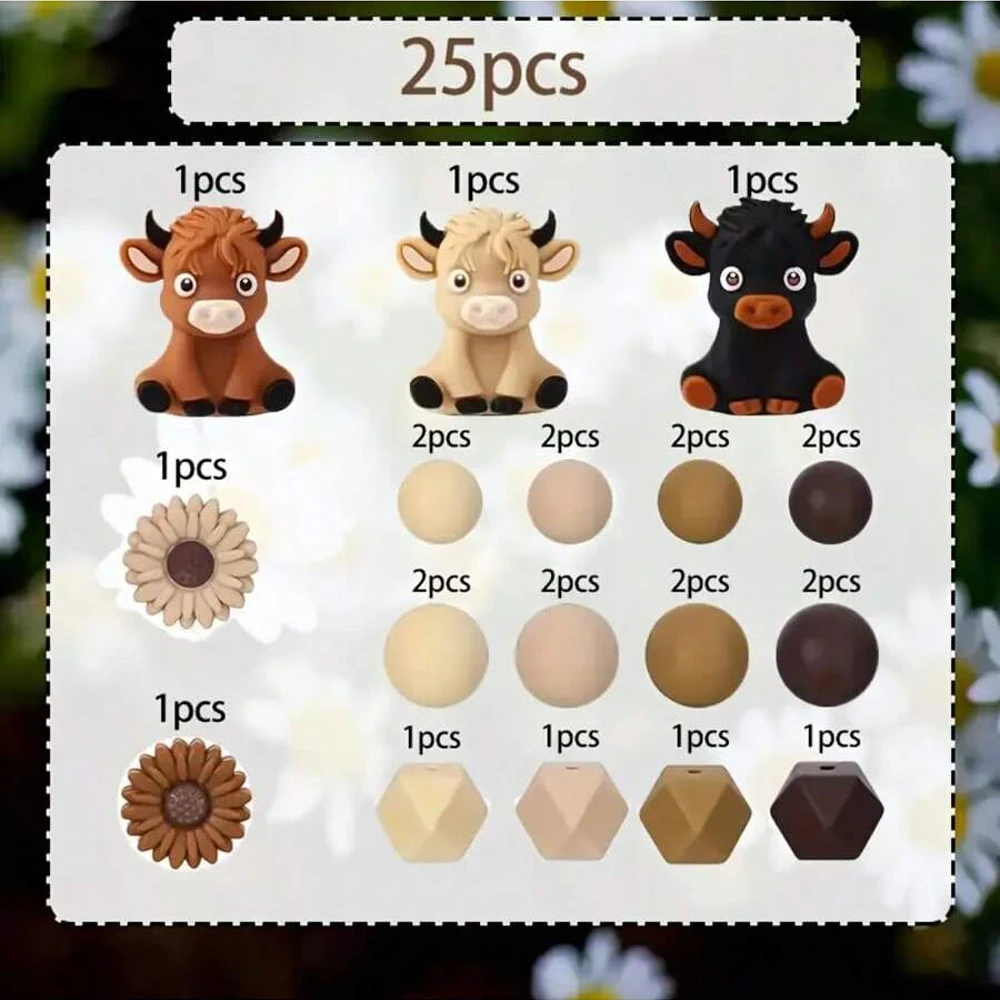 25/34/75PCS 3D Highland Cow und Daisy Silikonperlen-Set, modisches Tier, Blumenform, DIY-Schmuckherstellungsmaterial – Detail 4