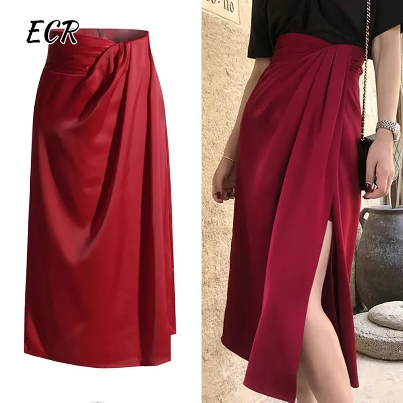 

ECR Elegant Folds Split Skirt For Women High Waist A Line Solid Tunic Minimalist Vintage Skirts Female Fashion Style Clothes New