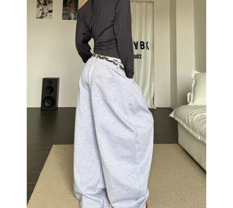Pantalones de chándal holgados grises con estampado de letras para mujer, pantalones de baile estilo estético Harajuku Vintage Y2k Hip Hop, pantalones de pierna ancha