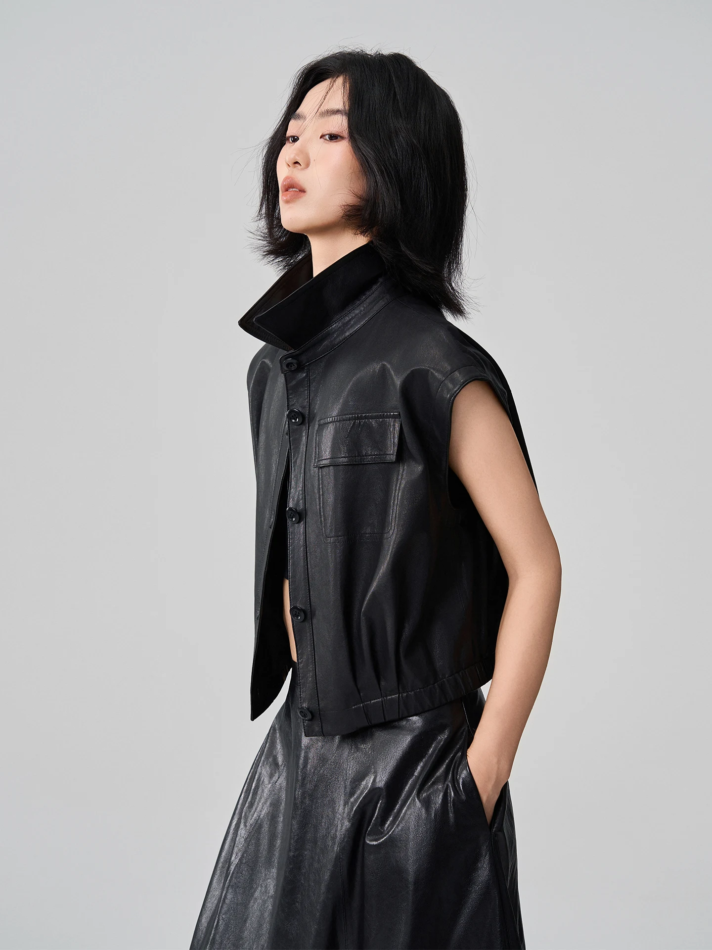 Sis Marti Gilet in Pelle Casual Semplice Vintage in Vera Pelle di Pecora Gilet Corto Senza Maniche con Cerniera Vestibilità Ampia per il Pendolarismo