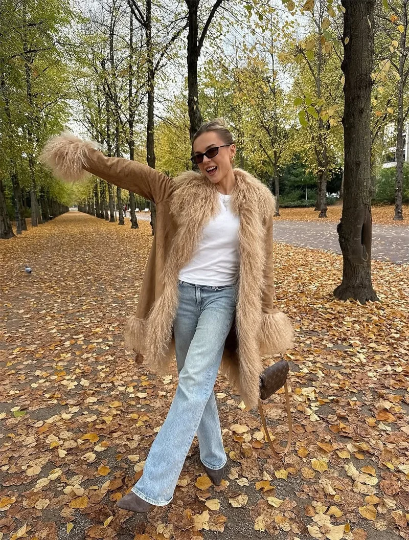 Abrigo elegante de lana de retales de piel sintética para mujer, abrigos largos lisos de manga larga con solapa para mujer, prendas de vestir femeninas a la moda para Otoño e Invierno