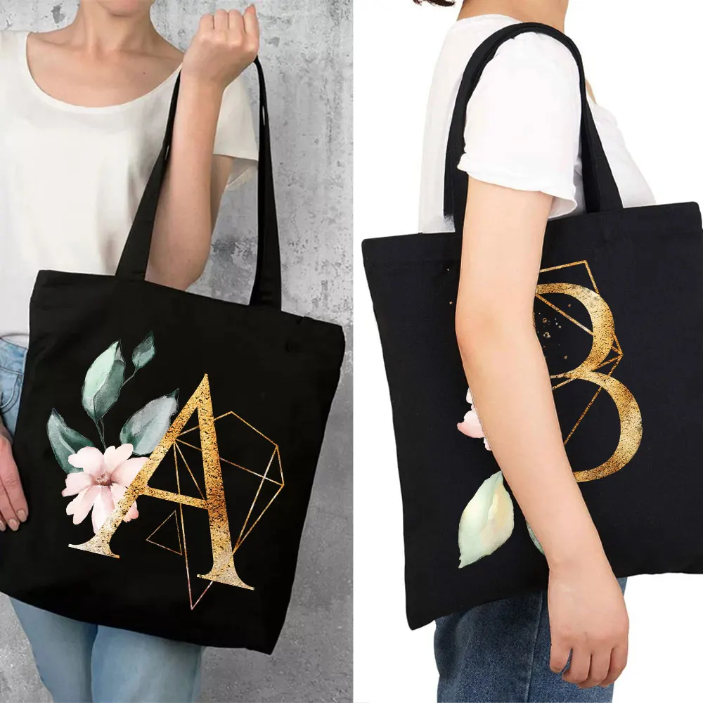 Flowers Alphabet Women Canvas Shopping Tote Bags Large Capacity Student Toiletries Organizers Casual shopper Letter Bags Gift