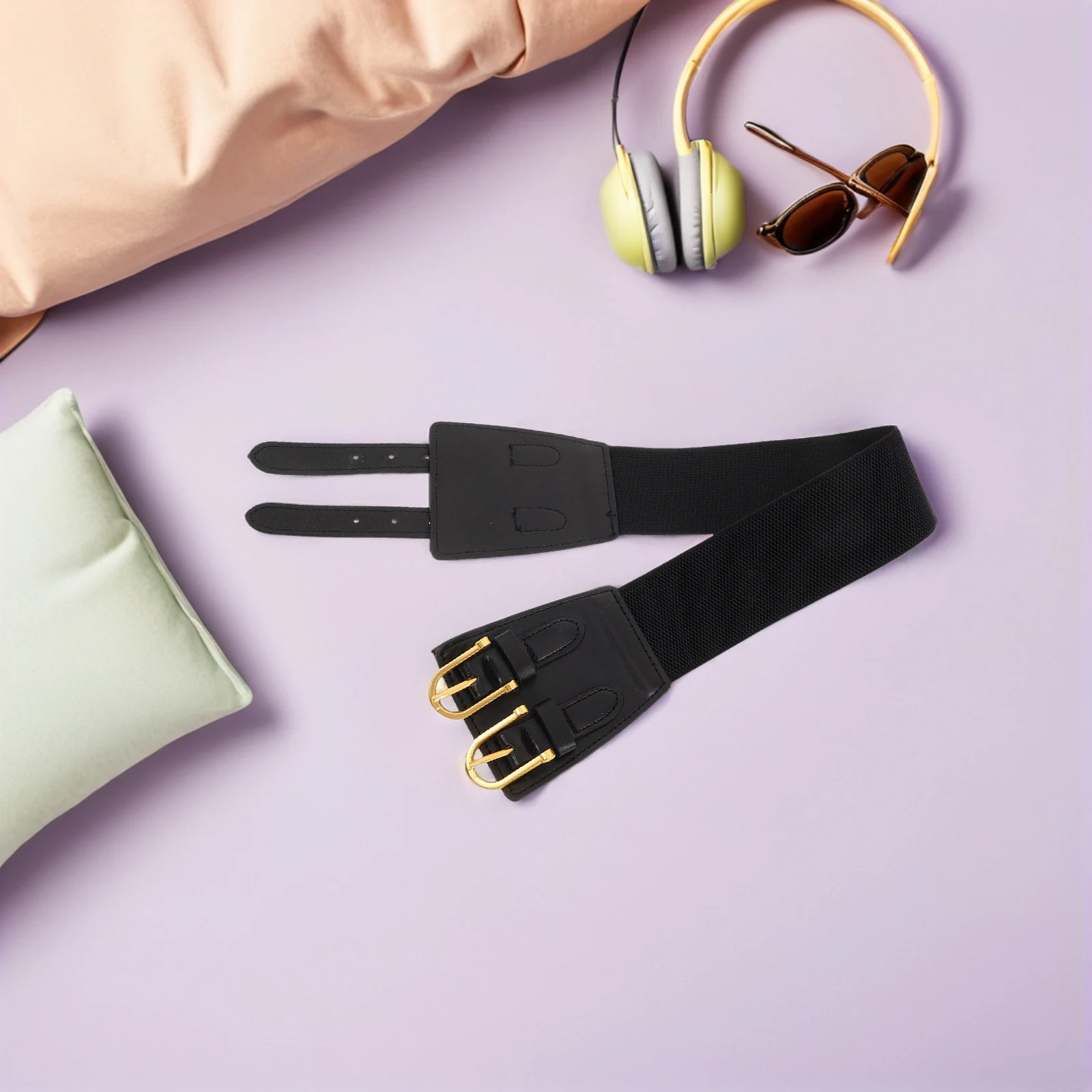 حزام نسائي واسع قابل للتمدد لفساتين الجينز والسراويل بإبزيم مزدوج ومشد الخصر بتصميم كوري أنيق عتيق