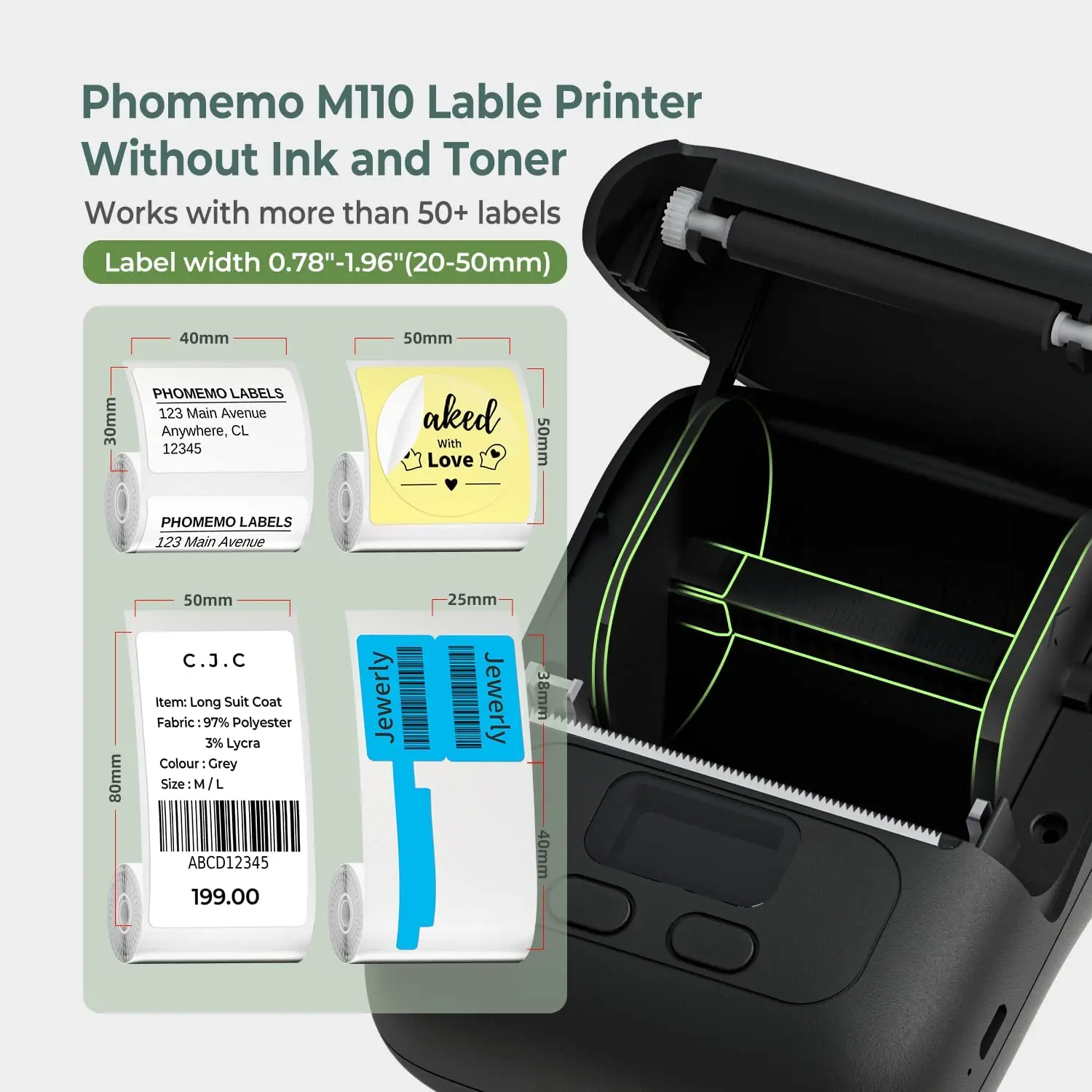 Phomemo M110 Portable Mini Thermal Label Printer, Bluetooth Label Maker Machine for iOS&Android  for Retail Business Home Office