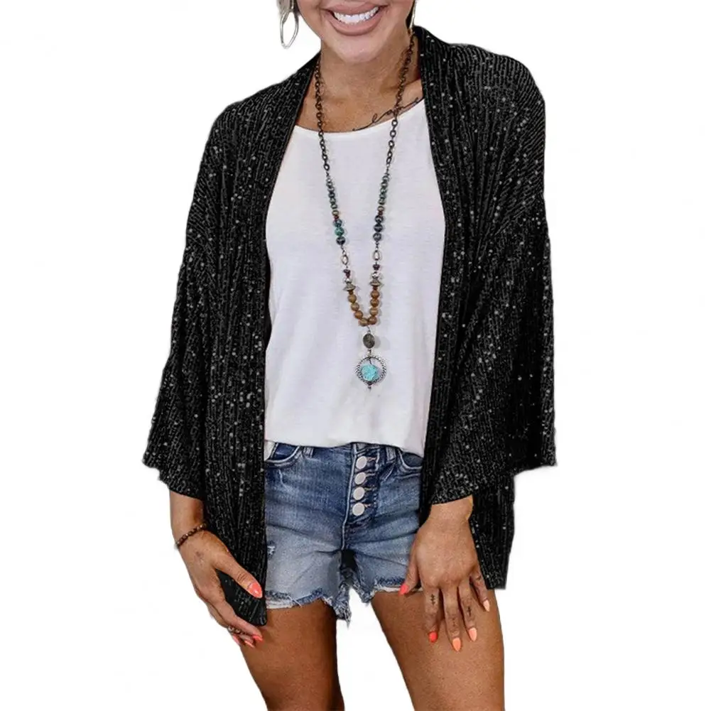 

"Women's Sequin Jacket Long Sleeve Open Front Cardigan Coat Solid Color Spring Autumn Mid-Length Casual Shiny Outerwear"