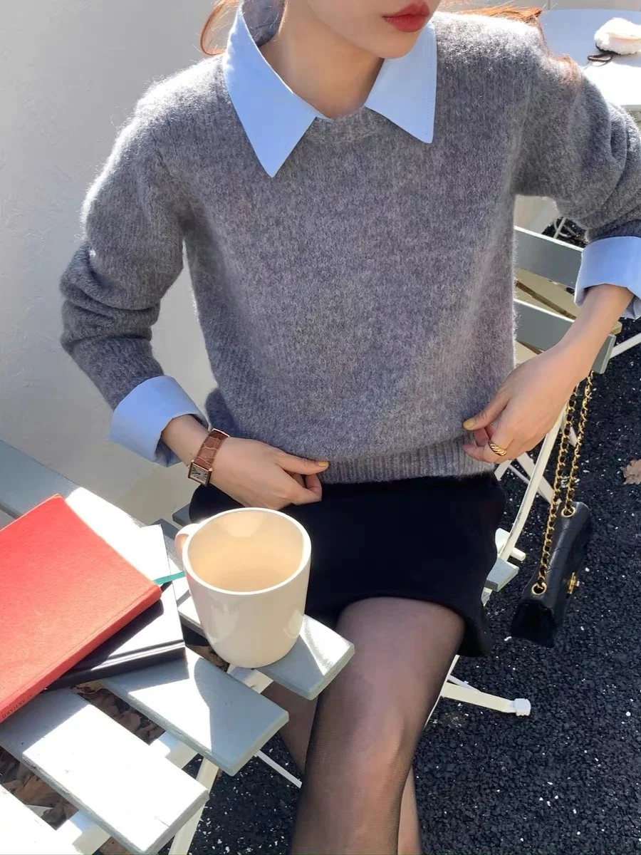 2024 Autumn Winter Knitted Shirt Collar Sweater Turtleneck Base Layer Elegant Fake Two-Piece Hoodie Straight Tube Sle Long ...