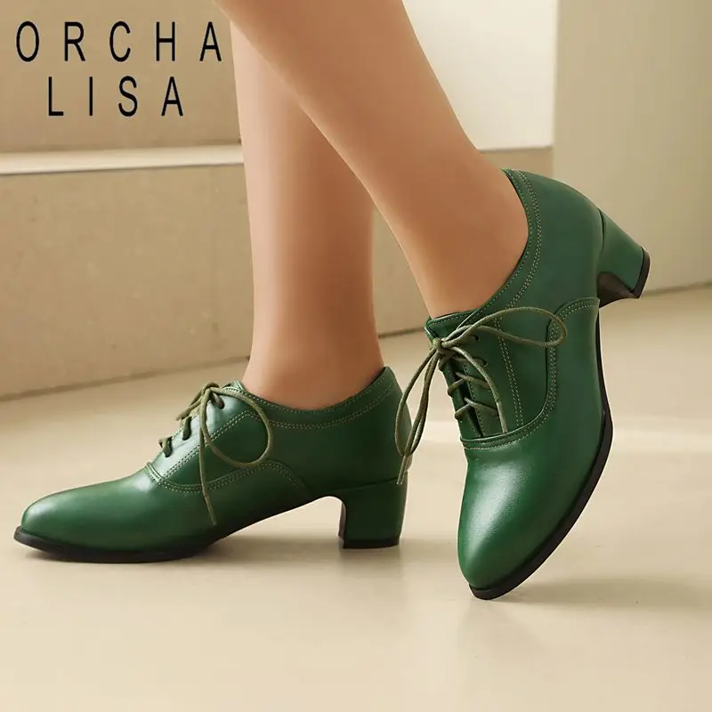 

ORCHA LISA Женские туфли-лодочки с круглым носком, на каблуке 4,3 см, на шнуровке, повседневные, увеличенные размеры 41, 42, 43, ручная работа, нескользящие
