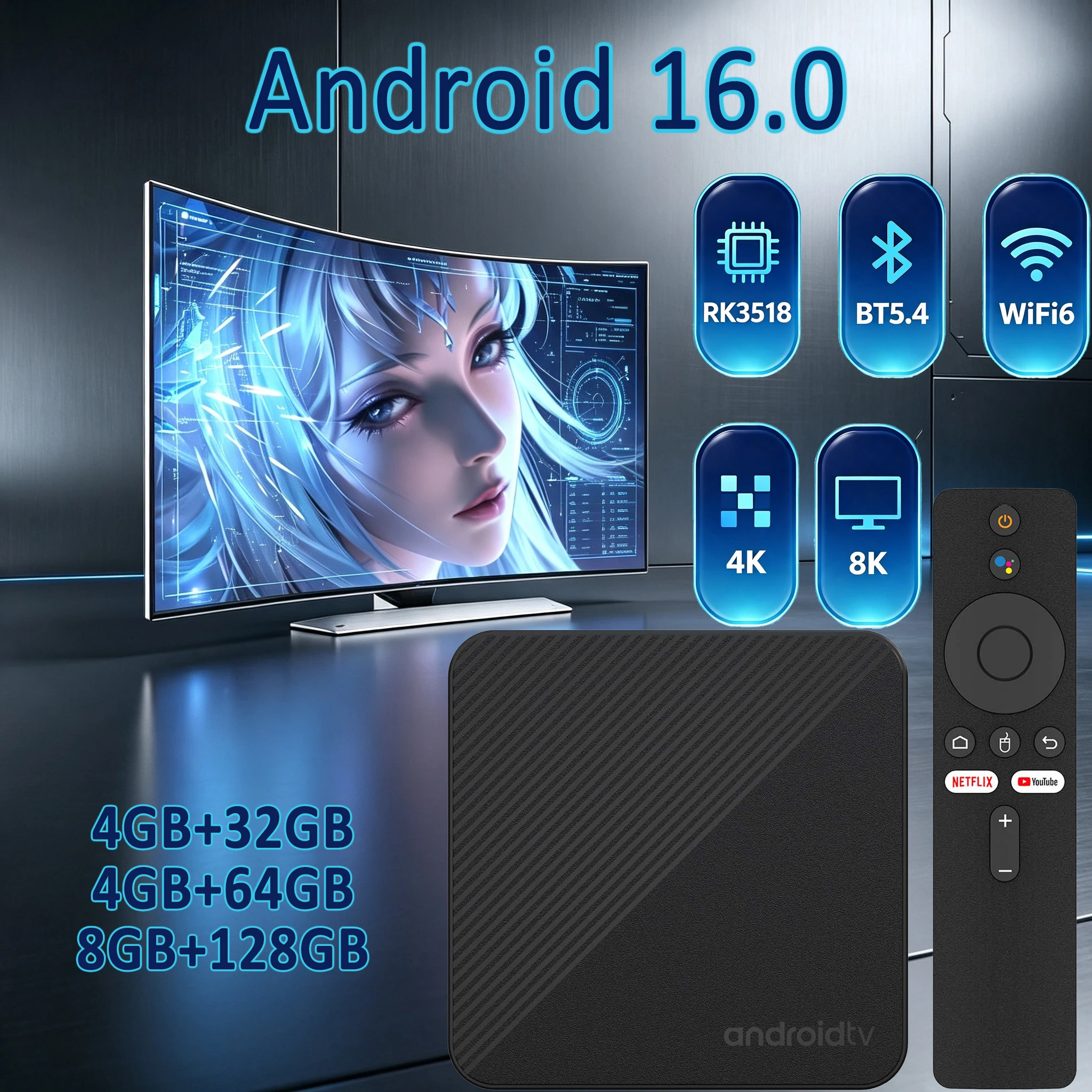 Android 16 TV Box 8GB 128GB 4K 8K Dual WiFi 6 BT5.4 T8 RK3518 Voice Control Netflix Google YouTube Home Media Player Set Top Box