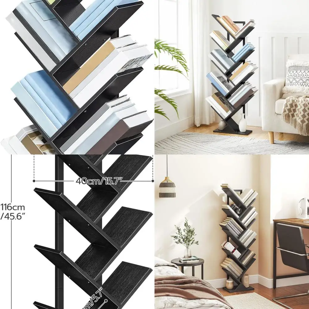 

9-Tier Wooden Floor Bookshelf, Storage Rack for CDs & Books, Home Office & Bedroom Display, Black BB08SJ01G1