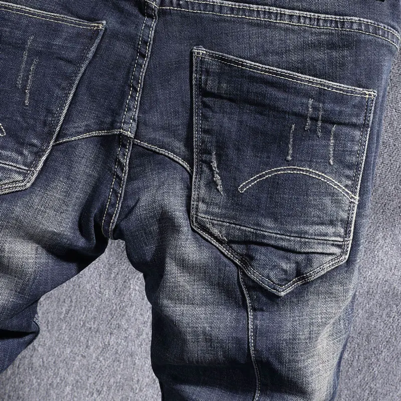 Fashion Vintage Men Jeans Retro Black Blue Stretch Slim Fit Ripped Jeans Men Trousers Spliced Designer Casual Denim Pants Hombre