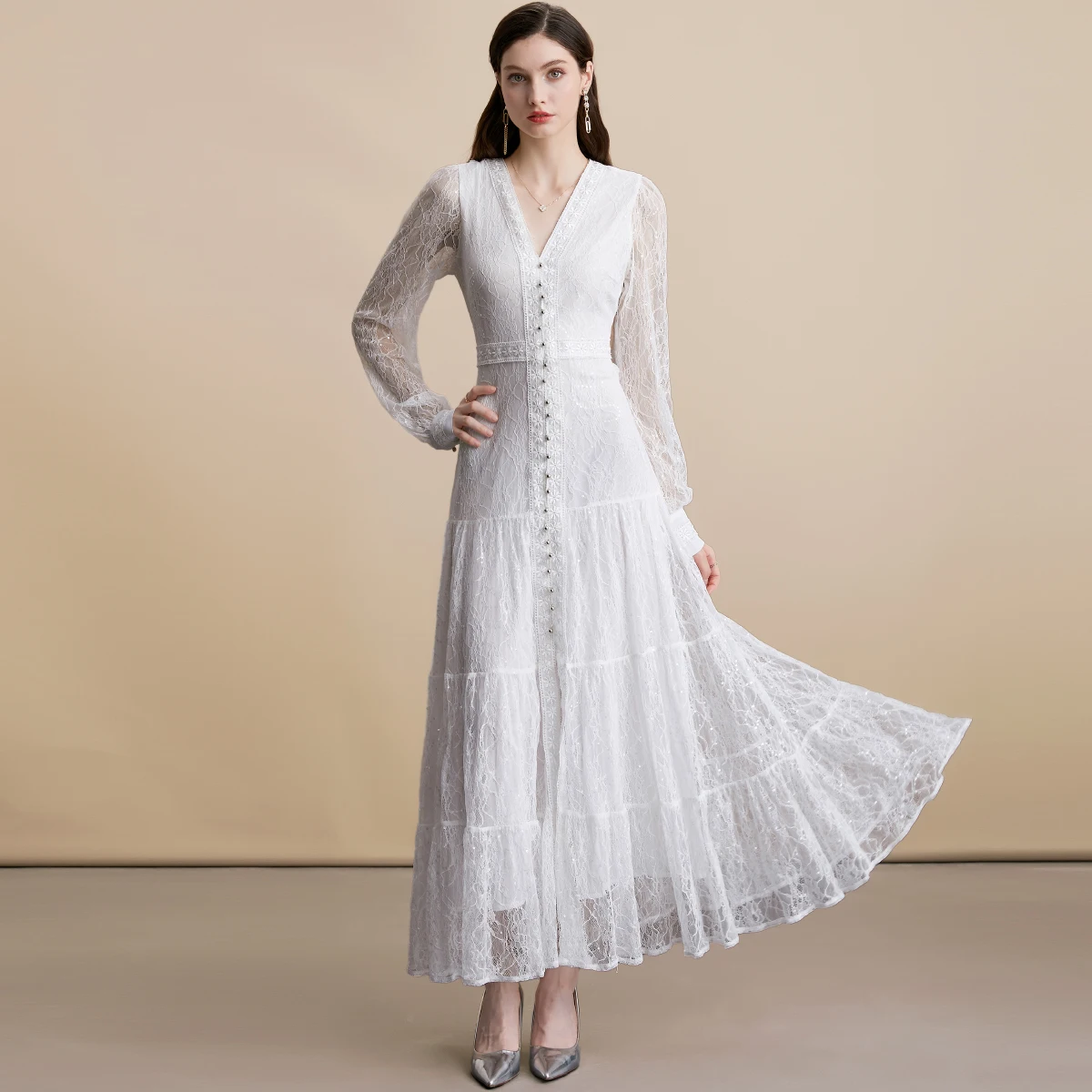 Vestidos largos elegantes de encaje para fiesta de graduación para mujer, vestido bordado de cintura alta con cuello en V y manga acampanada, moda femenina