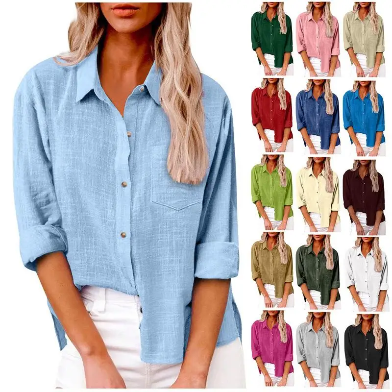 

Women's Long Cotton Linen Shirt with Pocket Slit Button Office Style Fashion Pure Color Non-Shrinking Easy Care