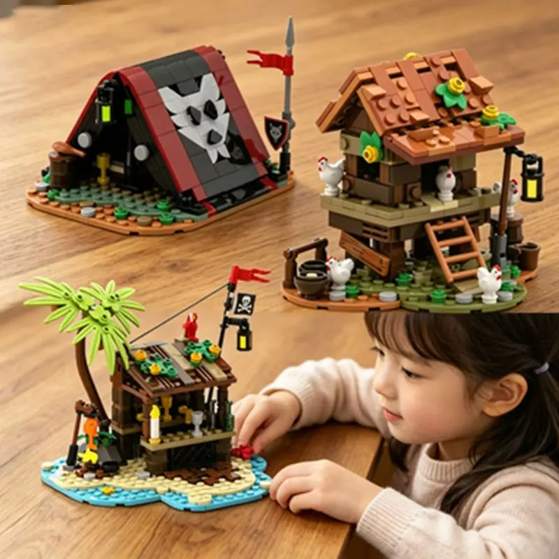 

MOC Medieval Street Scene Pirate Camp Tent Well Small Particle Assembly Block Model Toy Scene Gift