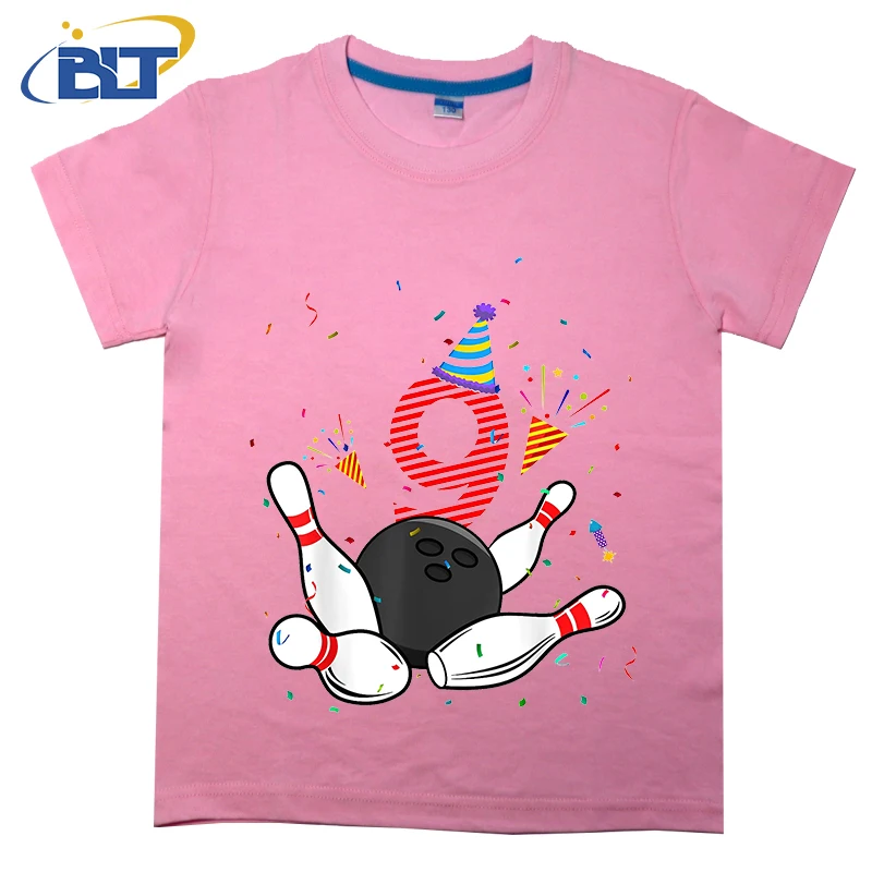 9th Birthday Bowling printed kids T-shirt, summer cotton short-sleeved casual top, suitable for both boys and girls