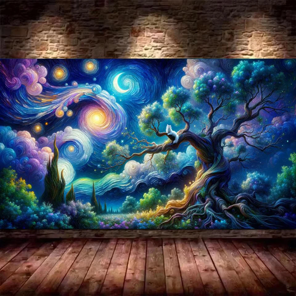 

Whimsical night sky, blue,purple clouds,tree branches diy Diamond Painting New Large Size Mosaic Embroidery Cross Stitch Kits