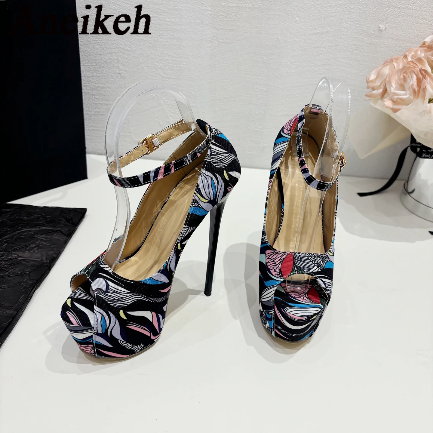 Aneikeh Fashion Design Hand-Painted Leather Platform Pumps Women Buckle Strap Sexy Peep Toe High Heels Strip Pole Dance Shoes