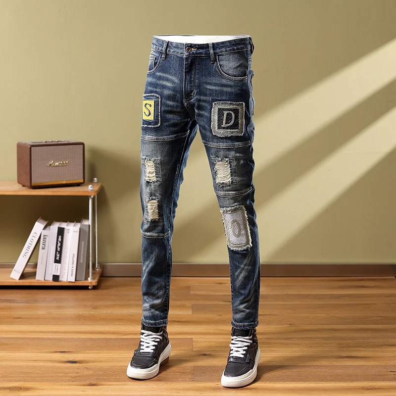 Vintage washed blue stretchy slim fit ripped jeans High Street fashion men's jeans patch designer personality hip hop Hombre