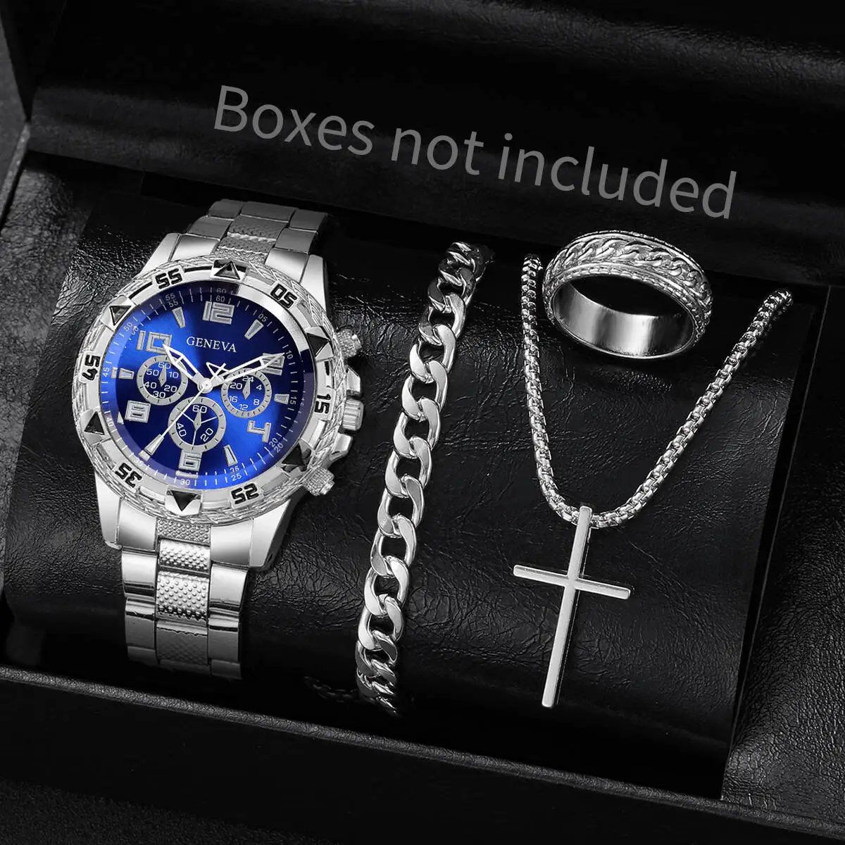

4 шт./компл. Модные мужские деловые часы, роскошные кварцевые часы с большим циферблатом для мужчин, комплект украшений, Reloj Hombre (без коробки)
