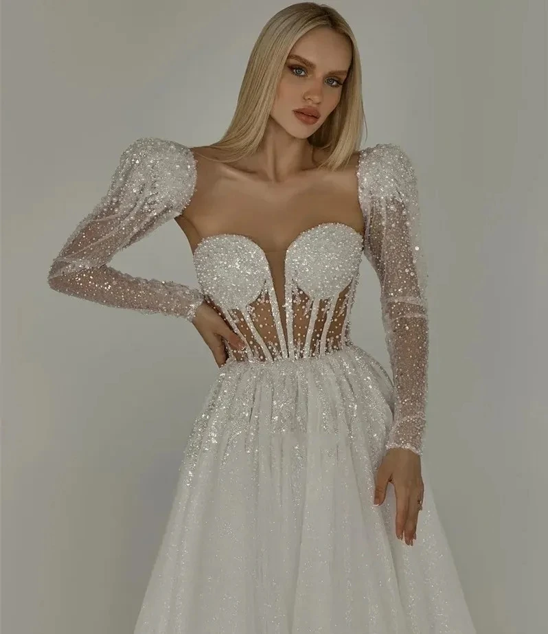 Fashion Sweetheart A-Line Wedding Dress Puff Sleeves Beaded Sequins Sweep Train Bride Bridal Dress Vestido De Novia Customed