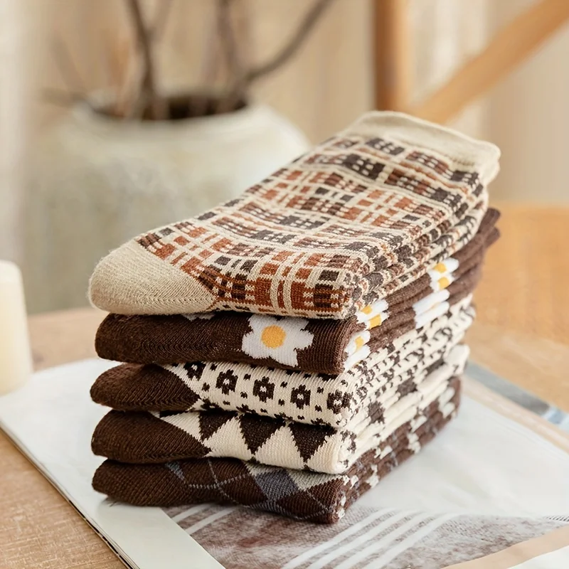 5 Pairs Women Cotton Argyle Comfortable Crew Socks Floral Print Fashion Middle Tube Short Socks Set Pack image 4