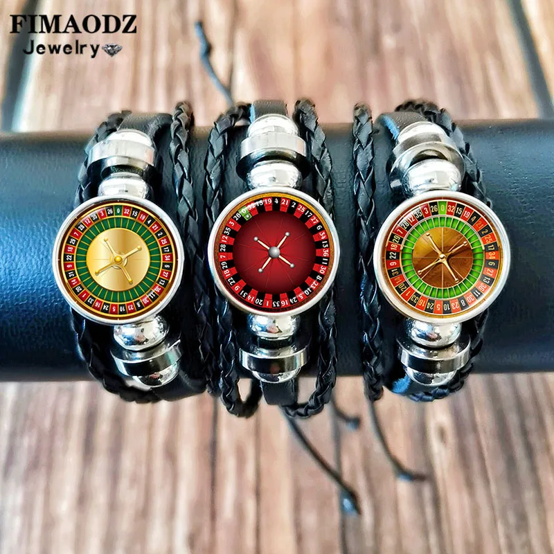 Roulette Wheel Leather Bracelet for Men Women Fashion Table Game Glass Button Charm Black Wristband Bangles