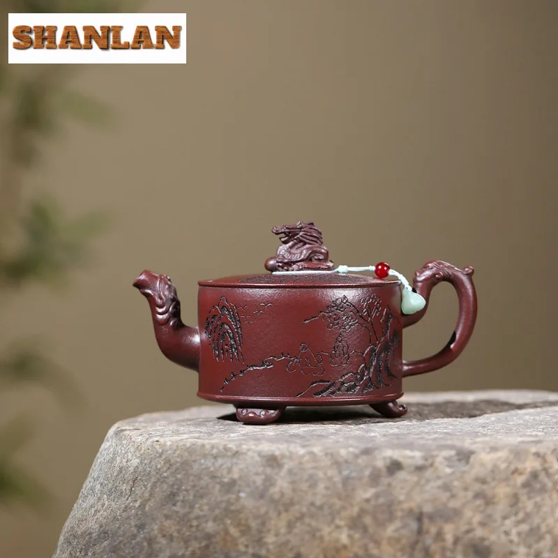 

260 мл Эстетические чайники из фиолетовой глины Исин ручной работы Tripodia Dragon Pot Сырая руда Железный чайник с красным песком Китайский чайный сервиз Zisha