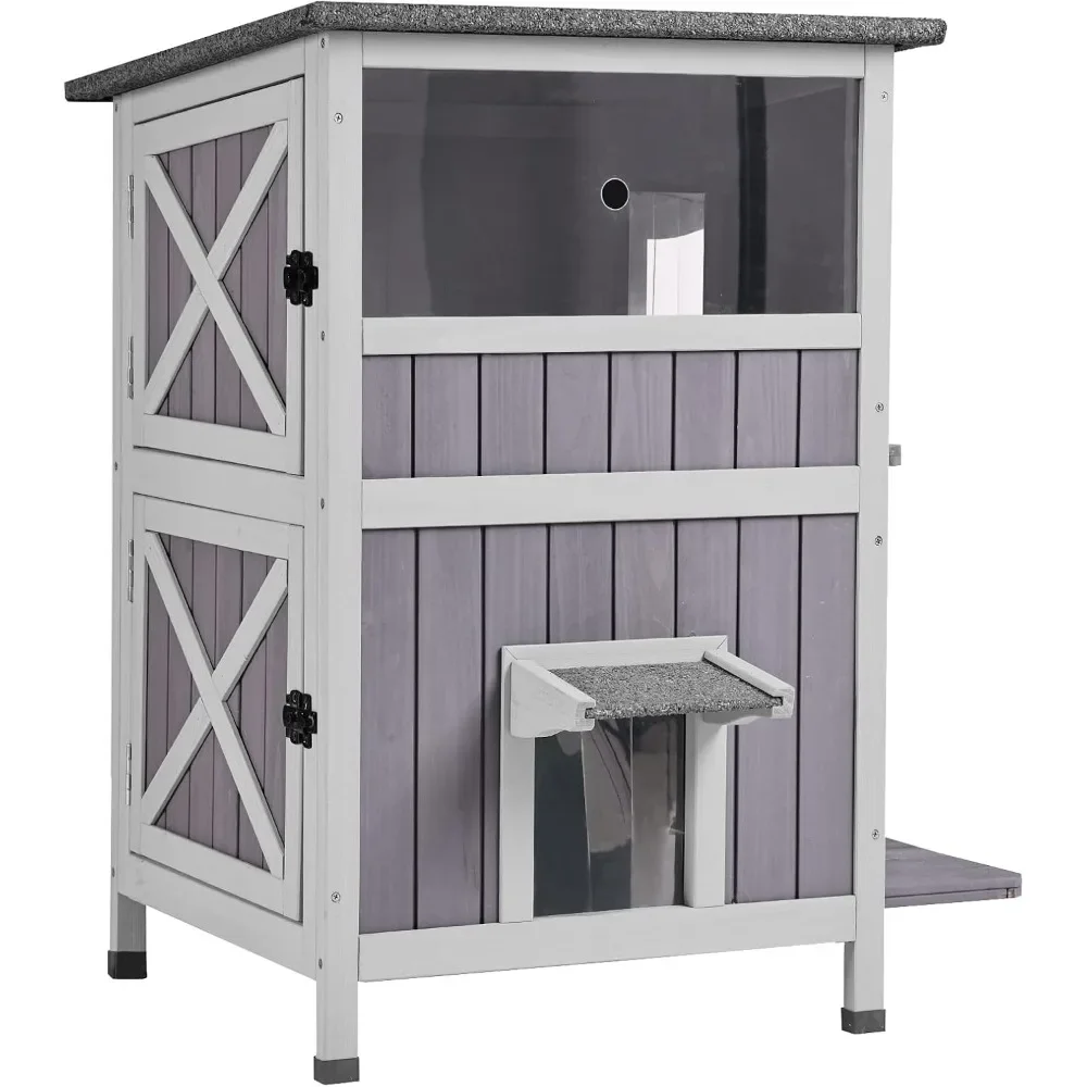 2-Story Outdoor Cat House Indoor Wooden Kitty Condo with Escape Door - Removable Floors