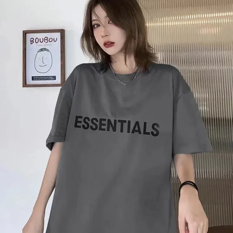 Essentials New Trendy Niche Chest Letter Silicone Short Sleeves T-Shirt For Men And Women Couple Style Half Sleeve Crew Neck