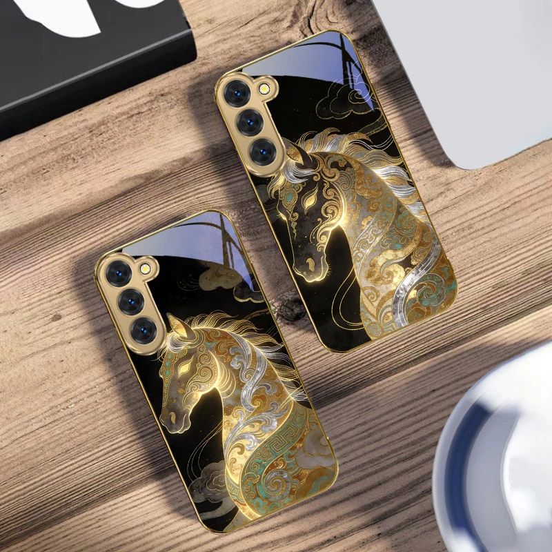 

Ruishou Golden Steed For Samsung Galaxy S26 S20 FE S21 S22 S23Plus S24 Ultra 25Ultra S21+ S9 S22 S8 S23 Golden glass phone case