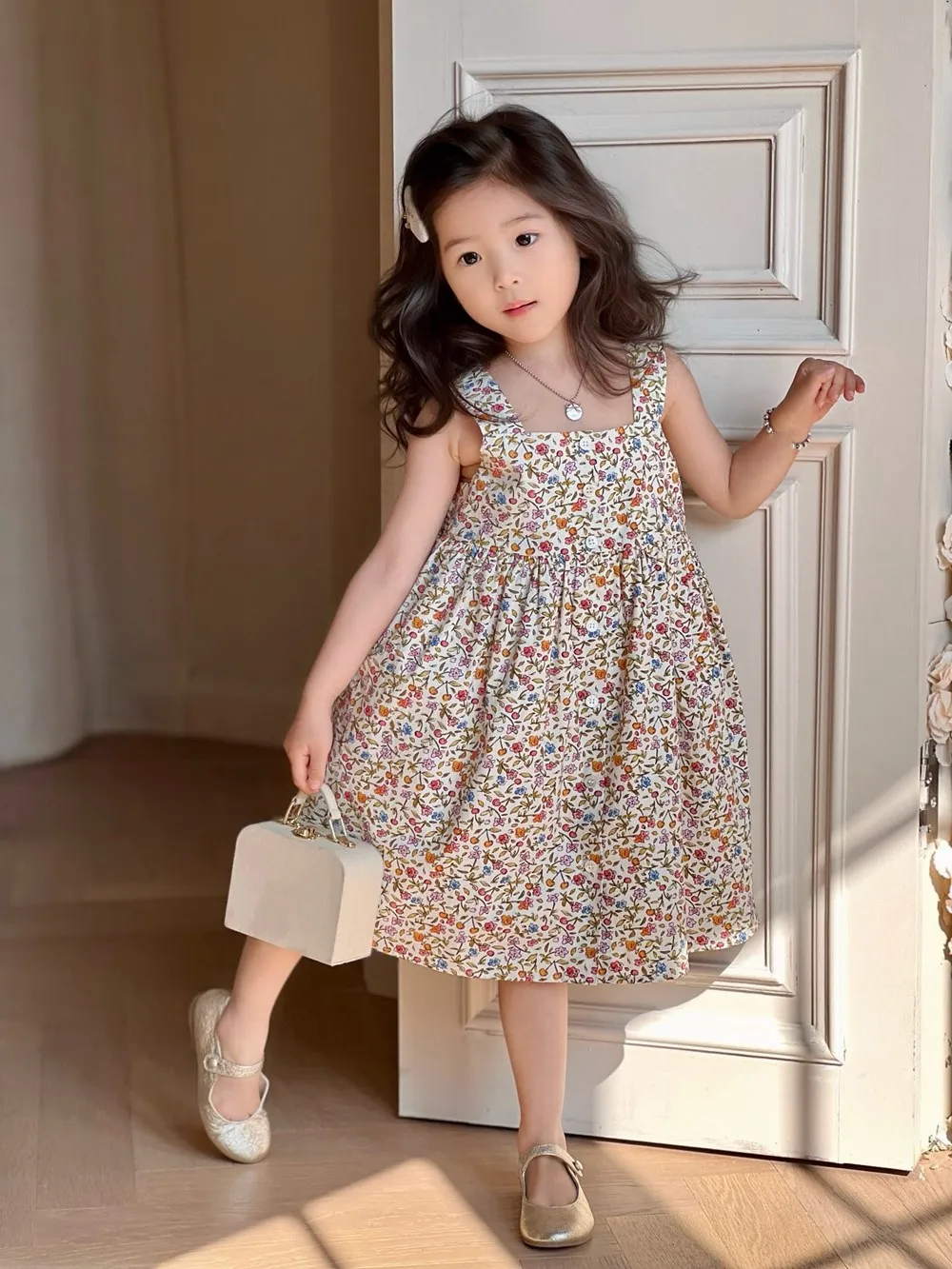 

summer baby girls clothes French style printed dress Sleeveless Strap Dress