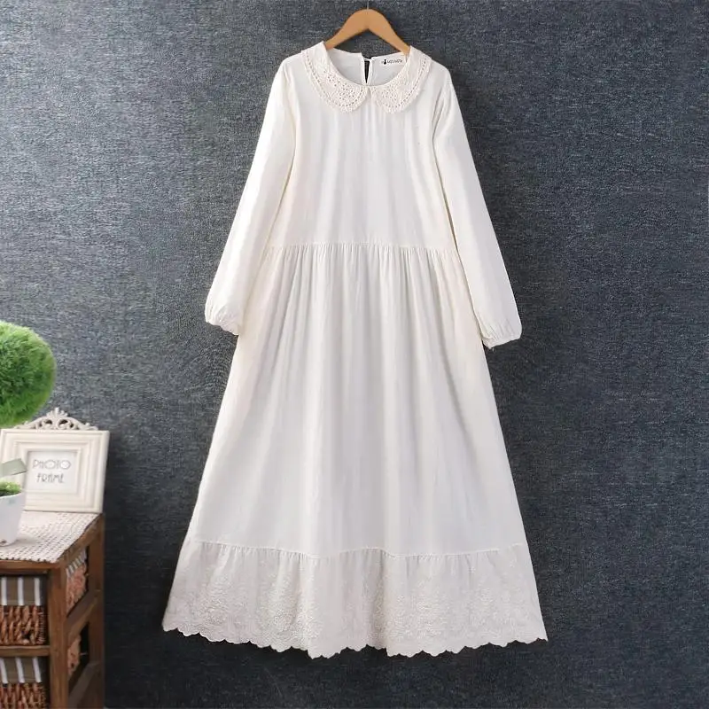 봄 신상 여성용 예술적 프레시 화이트 자수 긴팔 면 린넨 루즈핏 레이어드 롱 드레스 A라인 스커트