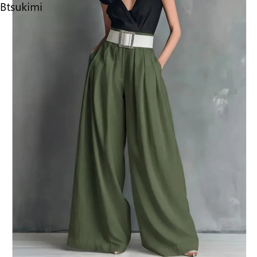 New Fashion High Waist Solid Color Pants Women's Spring Summer Loose Workplace Casual Wide Leg Pants with Pockets Ropa De Mujer