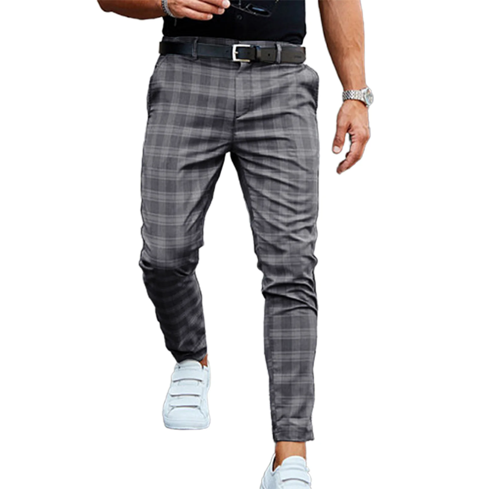 Mid-rise Zipper Button Fly Pockets Men Pants Autumn Plaid Print Straight Fit Casual Pencil Pants