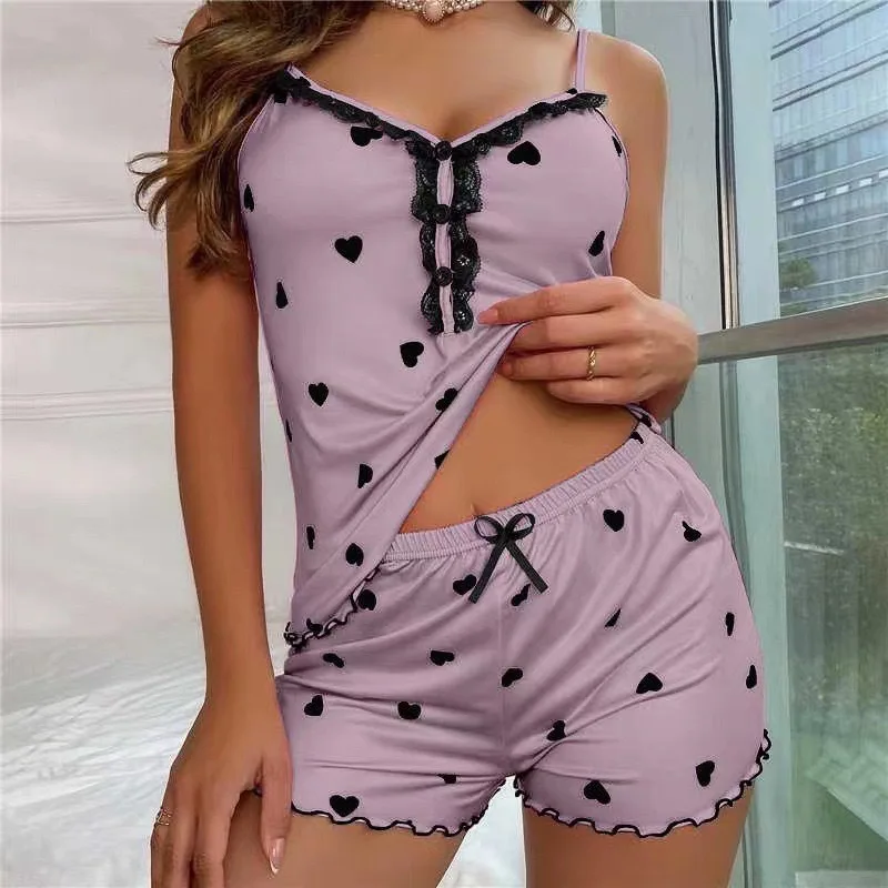 

Summer Women's Heart-shaped Print Suspenders Lace Shorts Sexy And Comfortable Can Be Worn Outside Loungewear