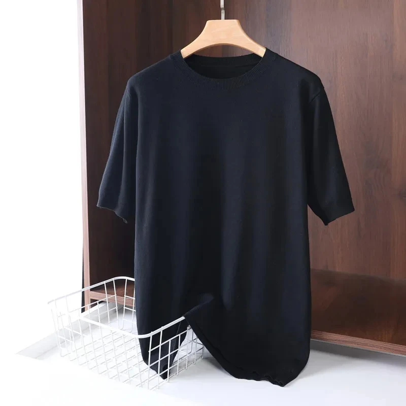 Superfine Merino Wool T Shirt Men\'s Knitted O-neck Breathable Thin Cashmer Short Sleeve Tee Solid Color Tops