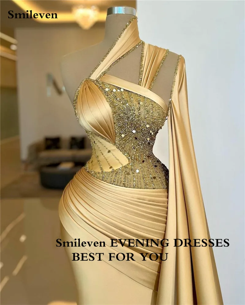 Smileven Golden Mermaid Prom Dresses Shiny Beading Evening Gowns Saudi Arabia Long TrainParty Dress 2023