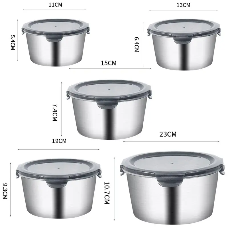 304 Stainless Steel Round Lunch Box Refrigerator Crisper Airtight Food Box Microwave Heating Cooking Lunch Fresh-keeping Box